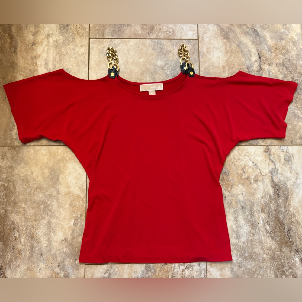 Michael Kors Red Chili Cold Shoulder Gold Link Chain Strap Blouse Women’s XS